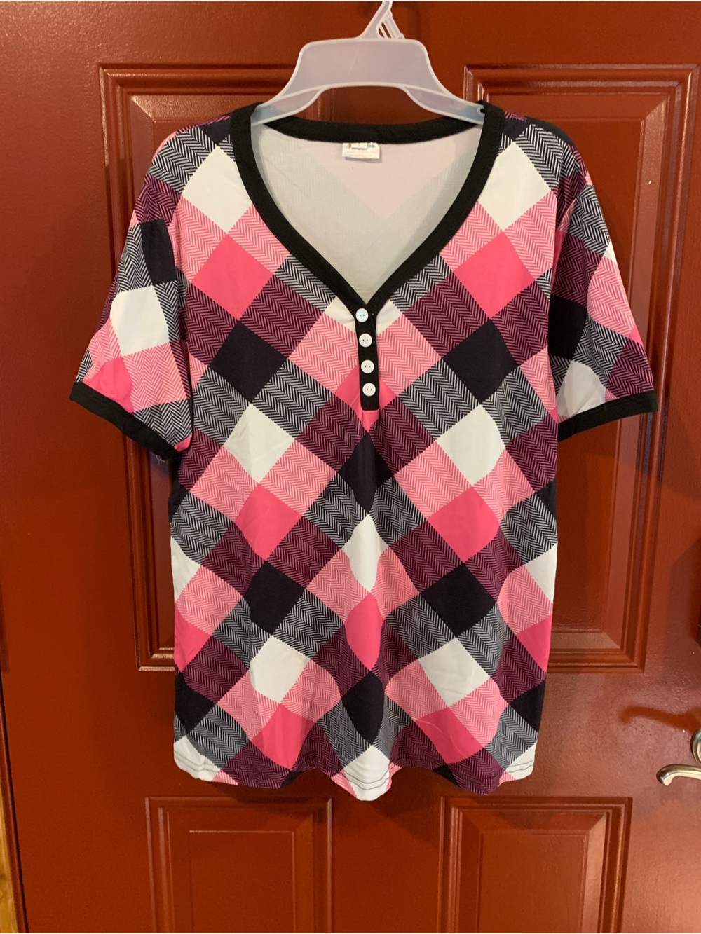 Pink Plaid Short Sleeve Henley with Black Trim